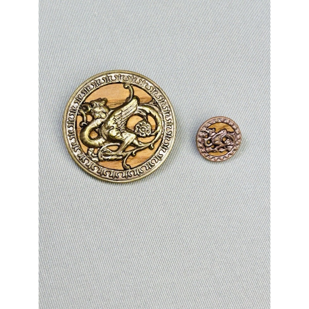 Gryphon (Griffin) Large & Mini Antique Metal/Wood Loop Picture Buttons Set Of 2‎